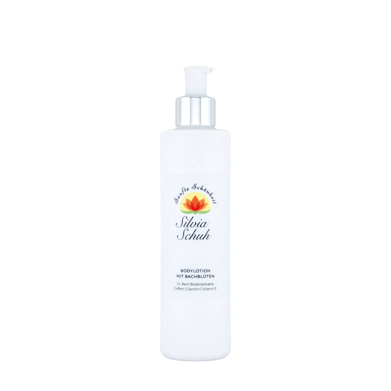 Bodylotion mit Bachblüten in einer weißen Pumpflasche